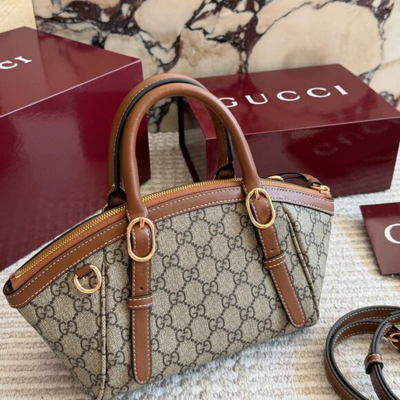 💖 GUCCI 💖 GG Canvas Mini Top Handle Bag Brown Leather Trim Gold Hardware - Picture 6 of 9